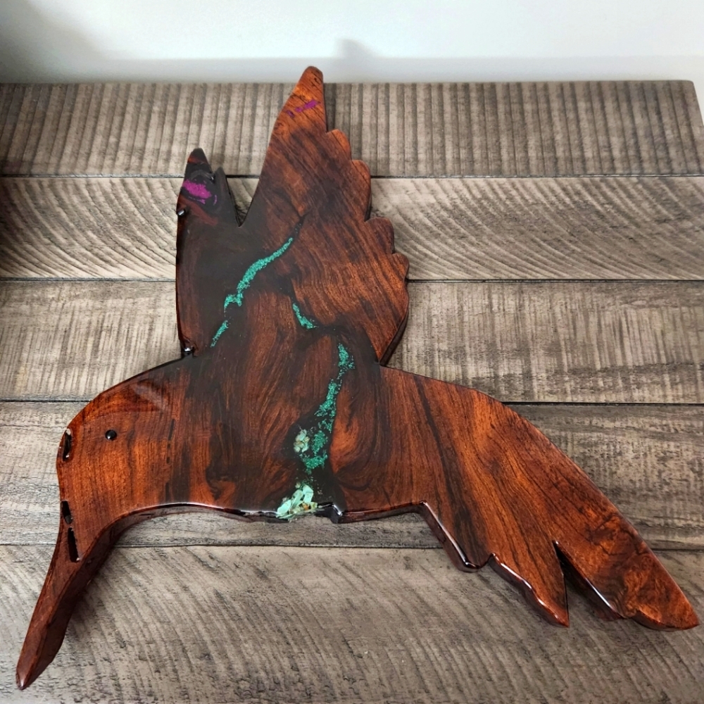 Handcrafted Wood Carved Hummingbird Turquoise Wall Hanging Signed Tammy Ireland